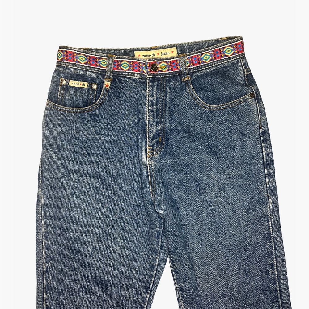 Zana Di High-Waisted, Bootcut / Flare Leg Blue Jeans with Embroidered Belt